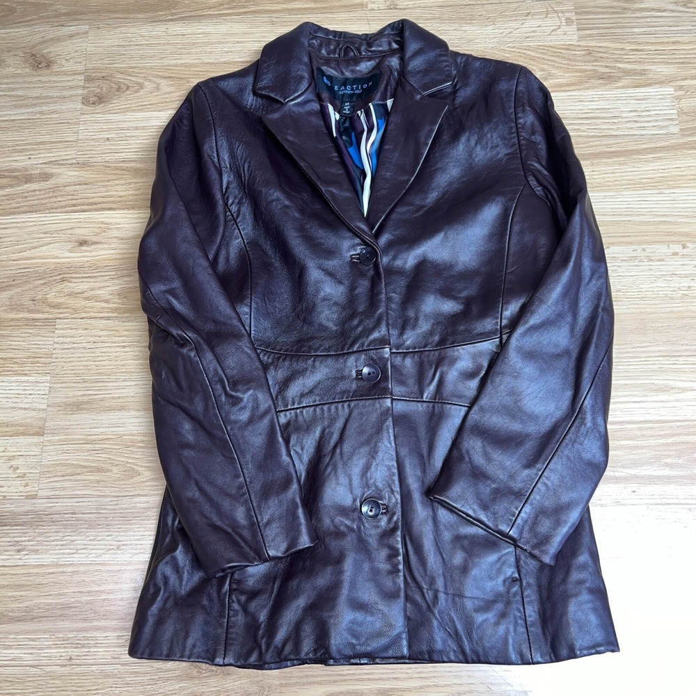 Kenneth Cole Reaction Women's X-small Button Down Reddish Brown Leather Jacket